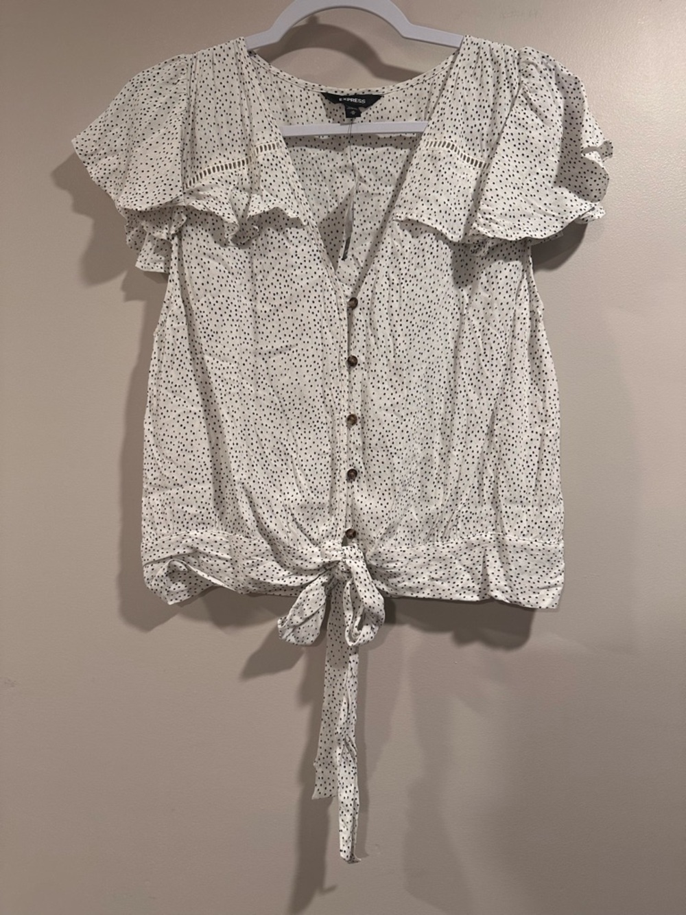 Express White Tie-Front Button Ruffle Blouse - Picture 5 of 16